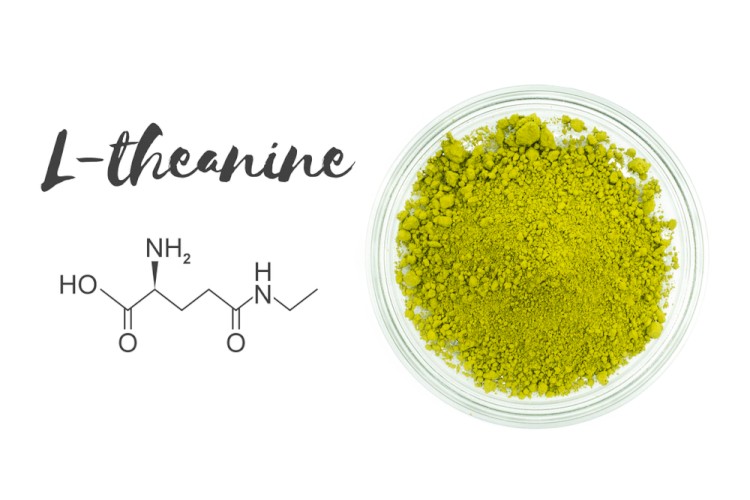 L-Theanine Name Structure And Powder With White Background